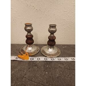 Vintage Pair of Art Deco Oak Wood & Metal Candlestick Holders 5.5"H Set of‎ 2